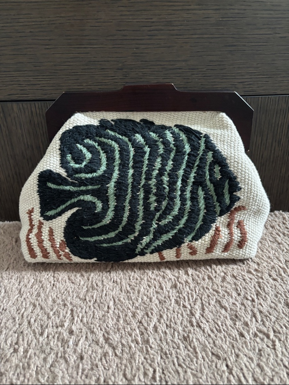 Zara Cream Woven Evening Clutch with Wood-Accent Frame